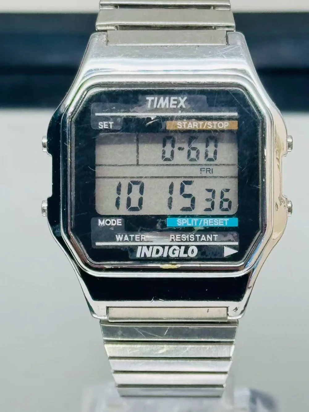 Timex Silver Digital Indiglo Watch with Black Dial Accents